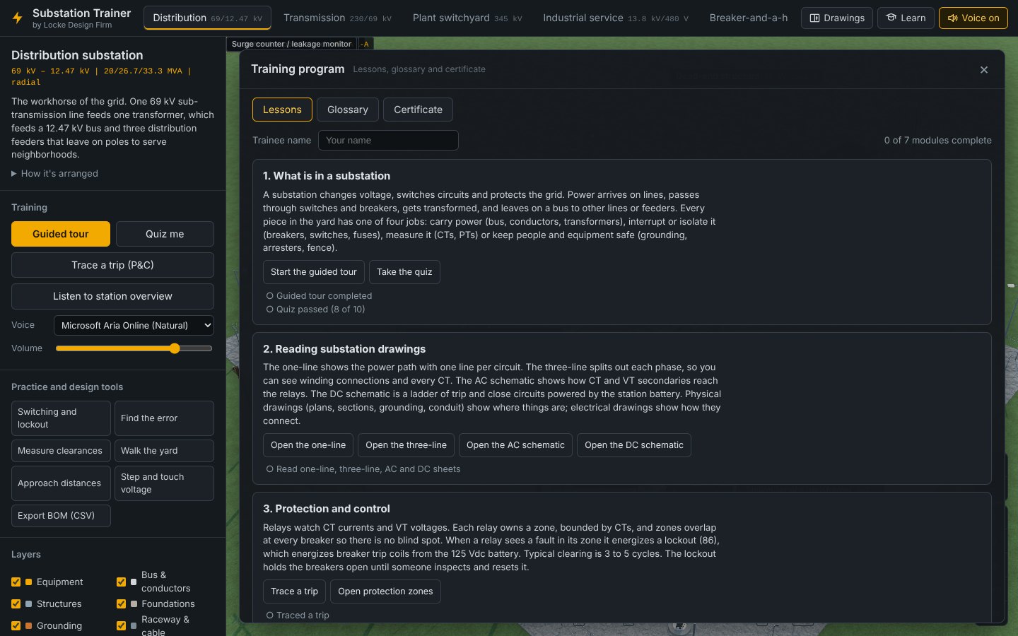 The Training program window with Lessons, Glossary and Certificate tabs